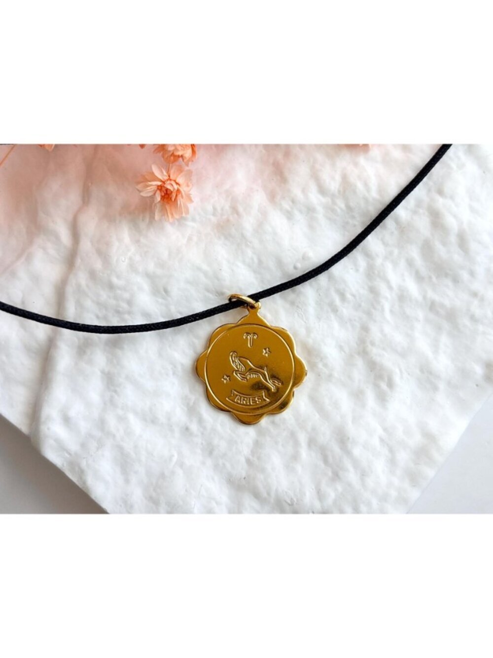 Aries Zodiac Scalloped Gold Toned Vintage Pendant Necklace w/ Black Rope - 26" - Picture 11 of 16